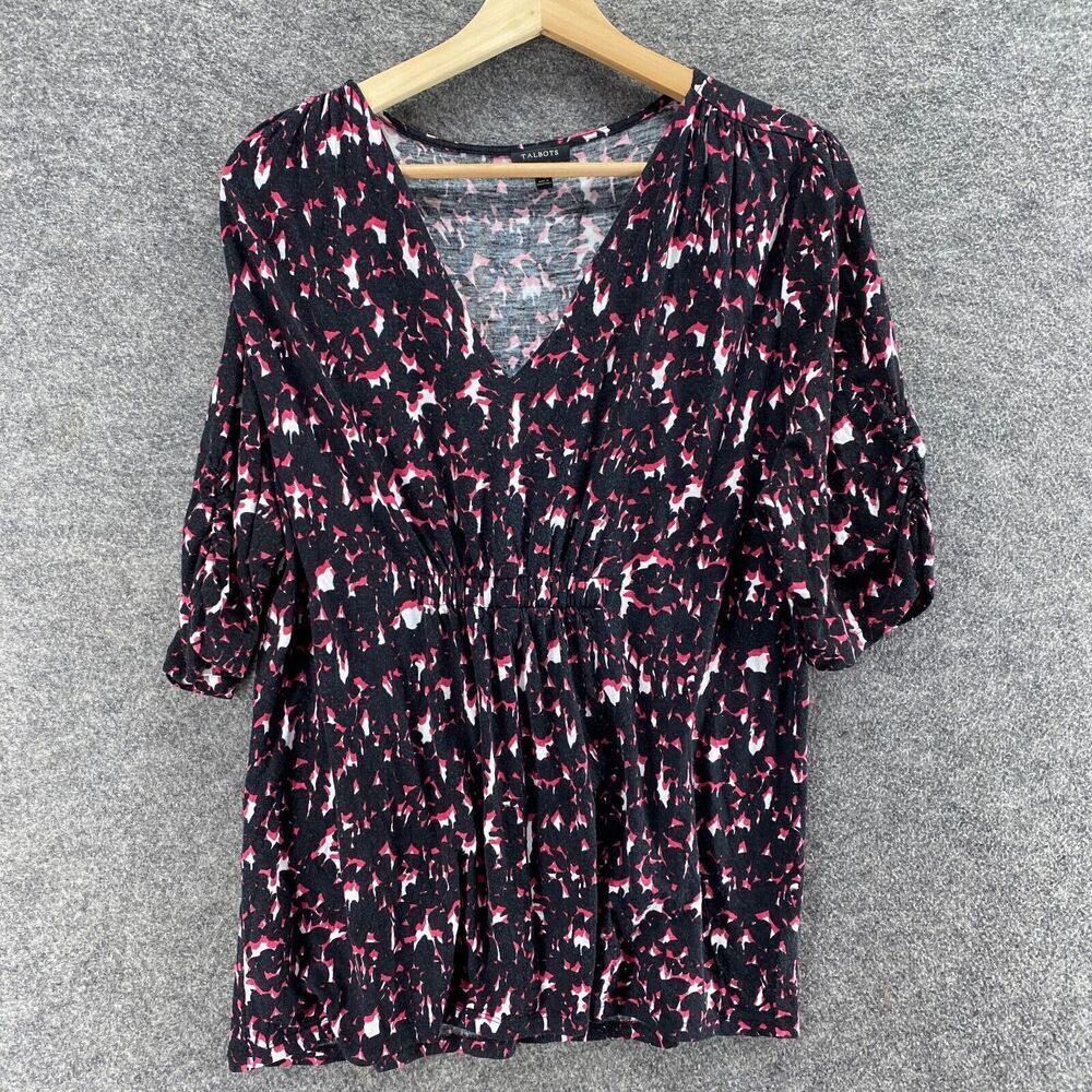 Talbots Blouse Women XL Black Floral V-Neck 3/4 Sleeve Rayon Pullover Casual